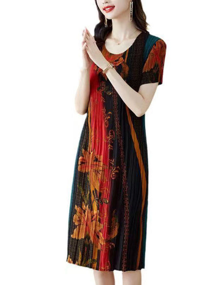 Unique Black Green O-neck Print Silk Vacation Dresses Short Sleeve