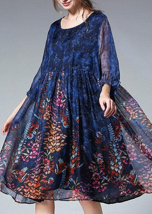 Unique Blue Print Tunic Pattern O Neck Cinched Summer Dresses