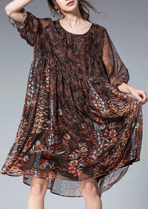 Unique Blue Print Tunic Pattern O Neck Cinched Summer Dresses