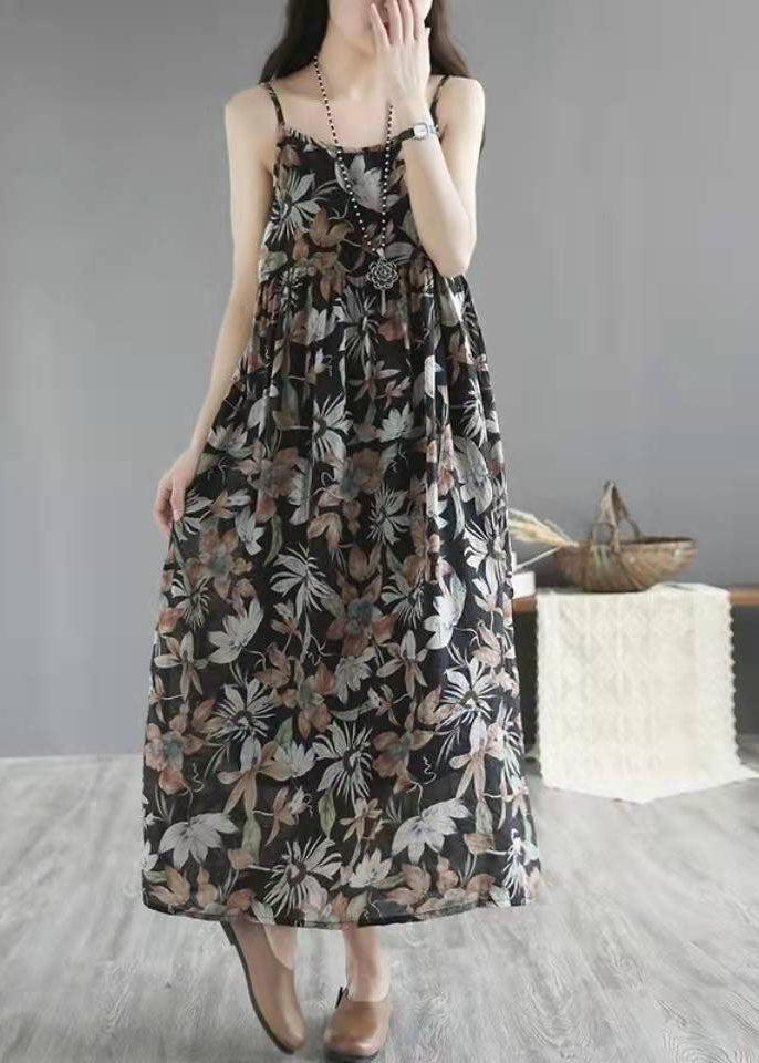 Unique Khaki Cotton Quilting Dresses O Neck Cinched Maxi Summer Dresses