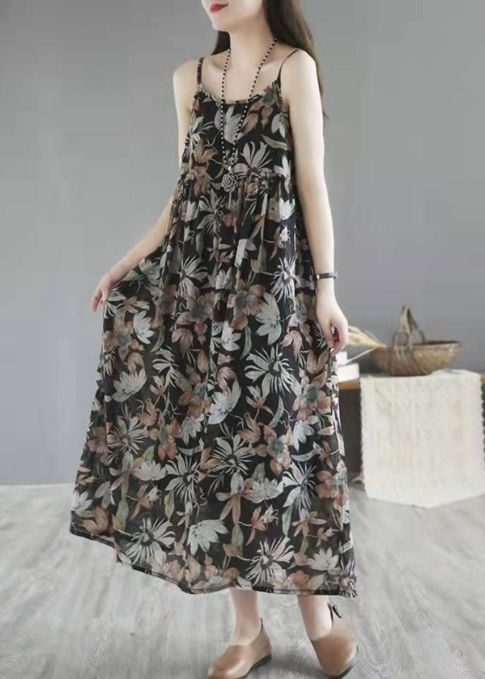 Unique Khaki Cotton Quilting Dresses O Neck Cinched Maxi Summer Dresses