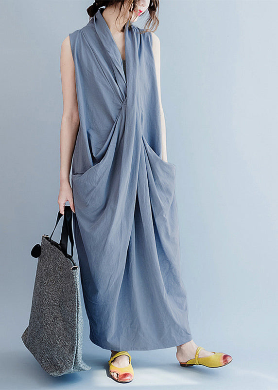 V Neck Sleeveless Loose Long Dress Split Hem Purple Polka Dots Long Tank