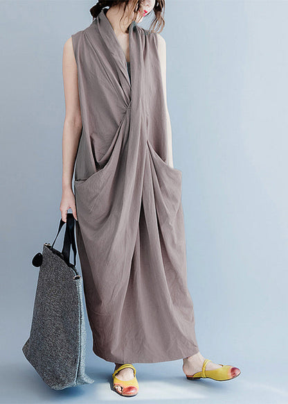 V Neck Sleeveless Loose Long Dress Split Hem Blue Flowers Long Tank