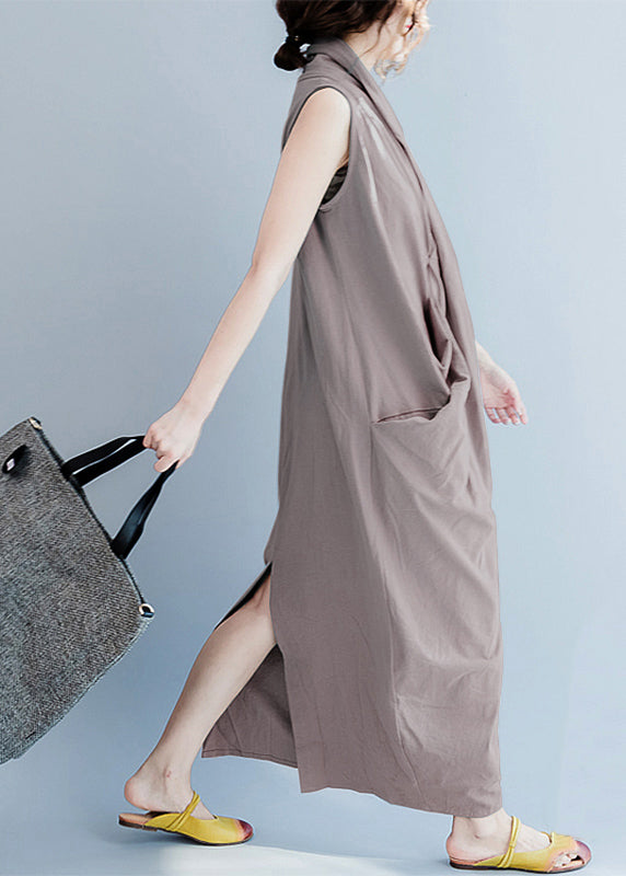 V Neck Sleeveless Loose Long Dress Split Hem Blue Flowers Long Tank