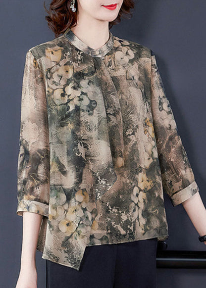 Apricot Asymmetrical Print Silk Shirts Bracelet Sleeve