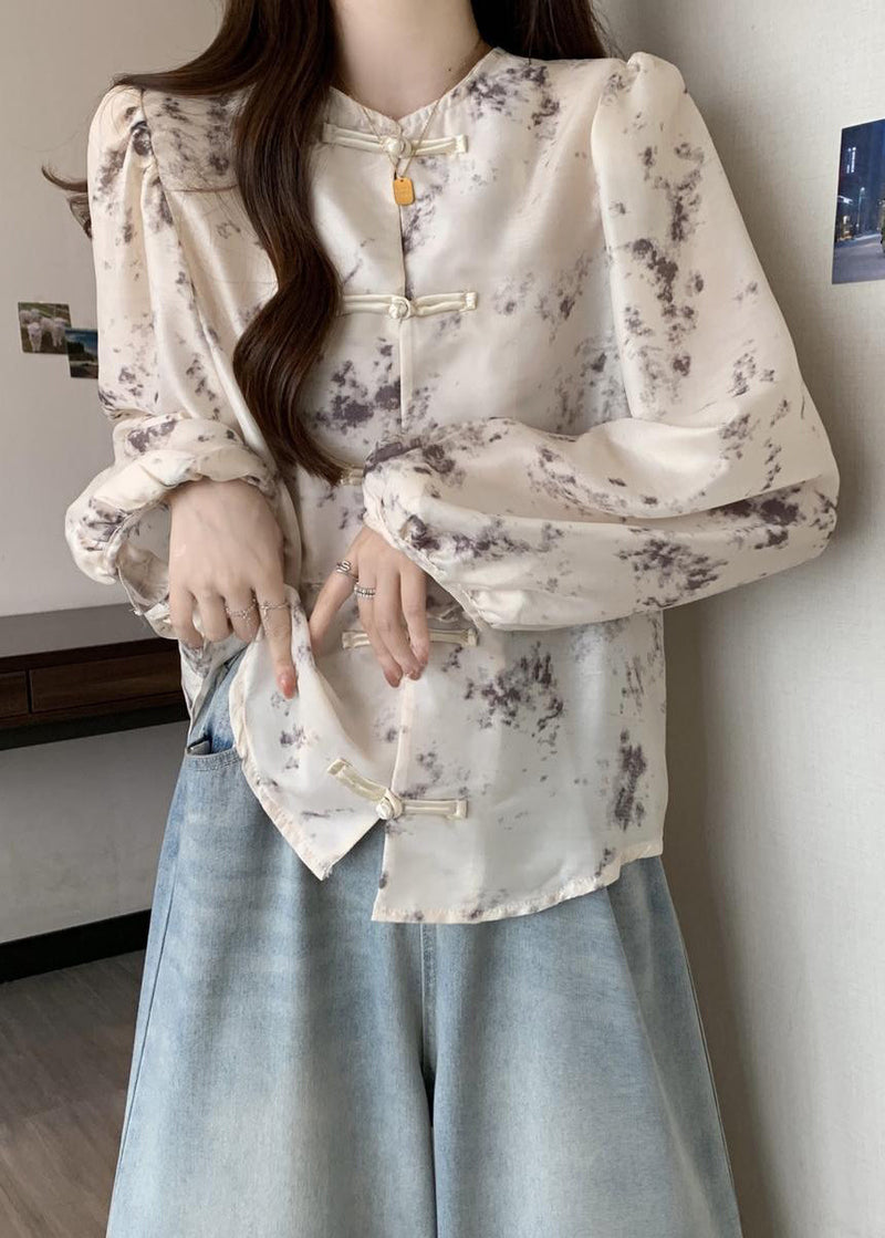 Apricot Chinese Button Tie Dye Silk Blouse Top Fall