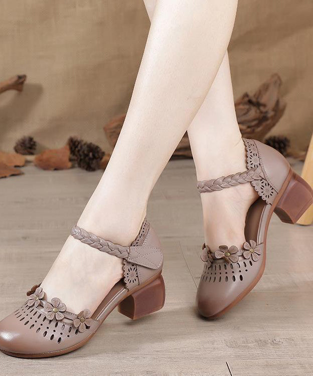 Apricot Cowhide Leather Sandals Hollow Out Buckle Strap