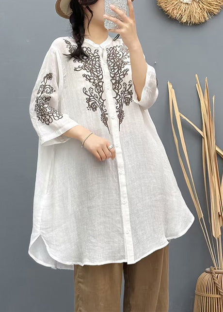 Apricot Embroidered Linen Long Shirt Summer