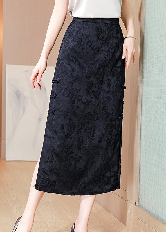 Apricot Jacquard Chinese Button Side Open Silk Skirts Spring