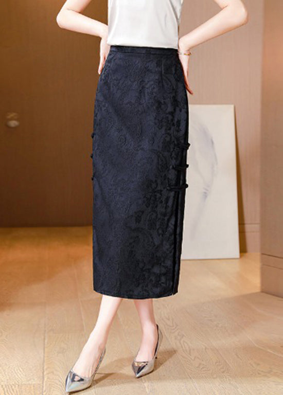 Apricot Jacquard Chinese Button Side Open Silk Skirts Spring
