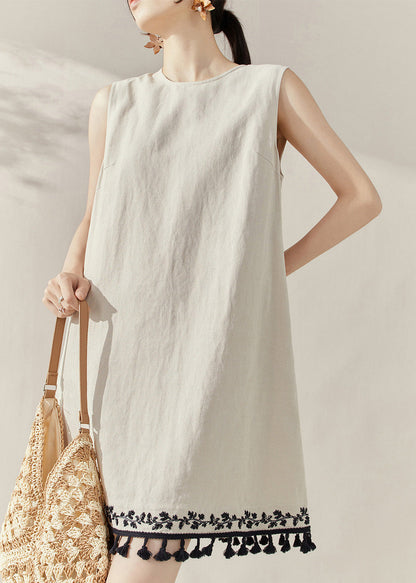 Apricot O-neck Embroidered Tassel Mid Dress Summer