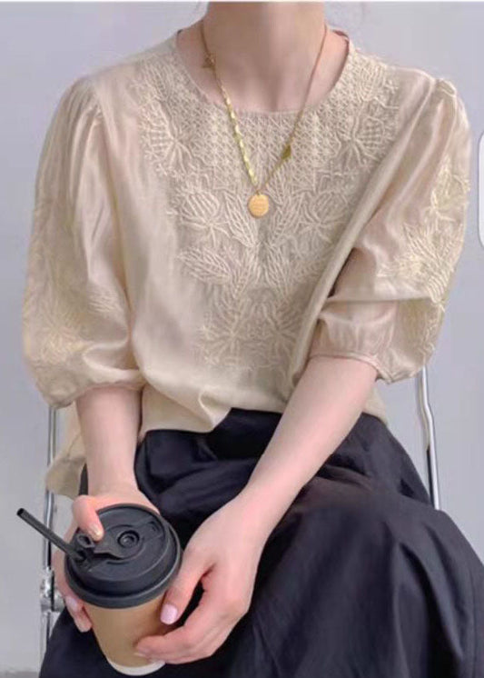 Apricot O-neck Embroideried Silk Top Puff Sleeve
