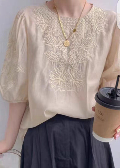 Apricot O-neck Embroideried Silk Top Puff Sleeve