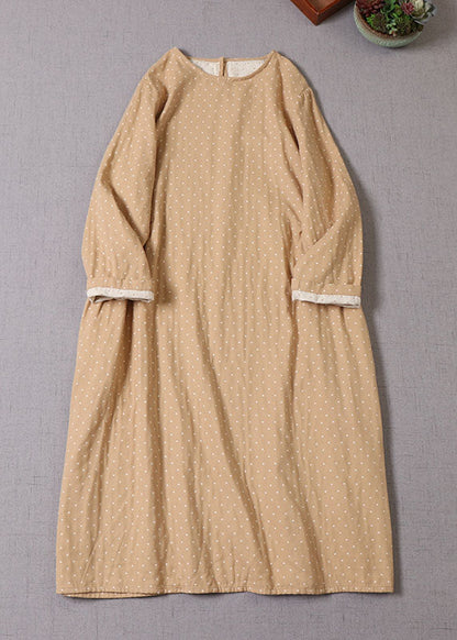 Apricot O-neck Pockets Cotton Dress Spring