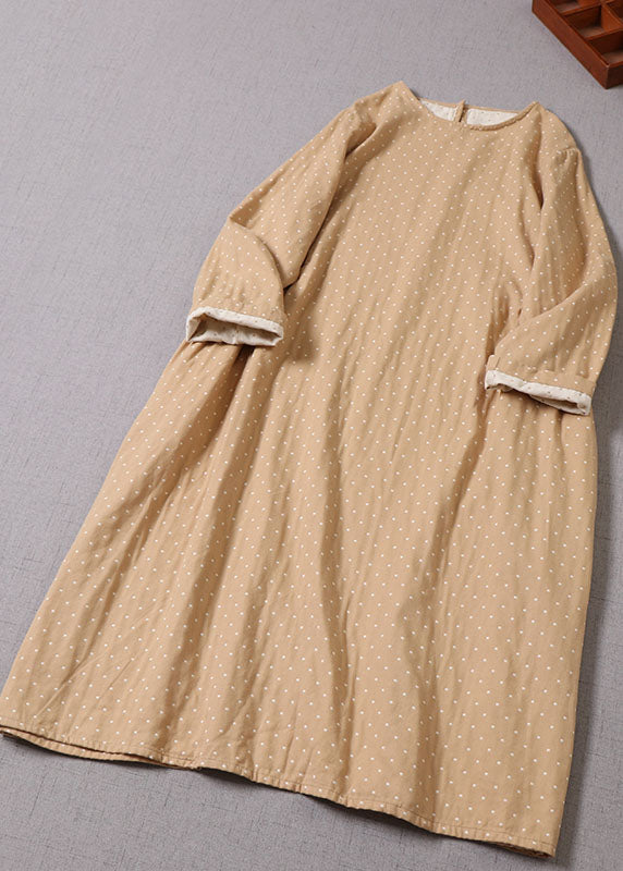 Apricot O-neck Pockets Cotton Dress Spring