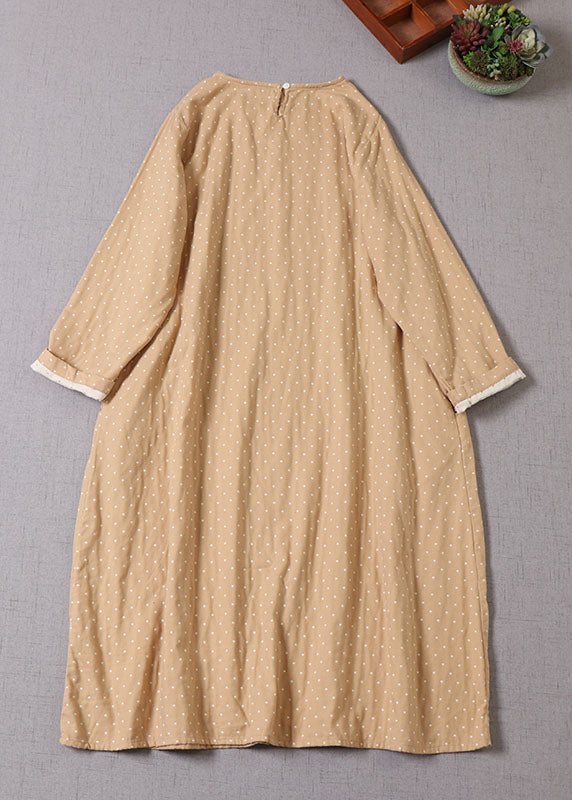 Apricot O-neck Pockets Cotton Dress Spring