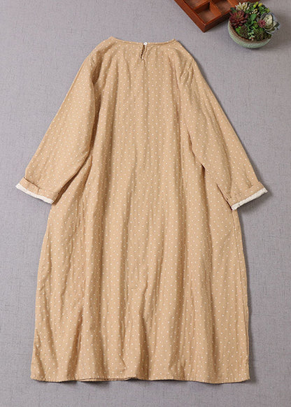 Apricot O-neck Pockets Cotton Dress Spring