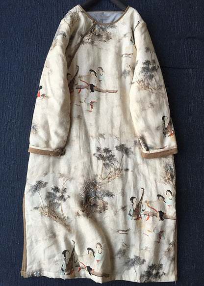 Apricot O Neck Print Linen Fine Cotton Filled Dresses Winter
