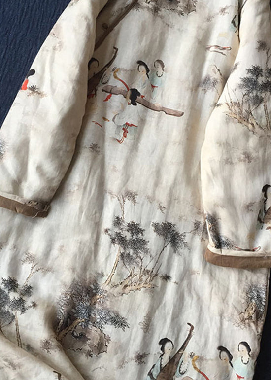 Apricot O Neck Print Linen Fine Cotton Filled Dresses Winter