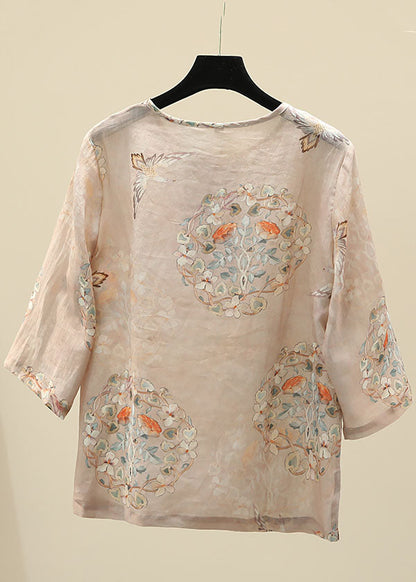 Apricot O-neck Print Oriental Button Side Open Linen Tops Half Sleeve