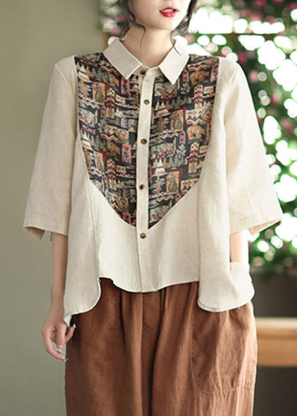 Apricot Peter Pan Collar Button Asymmetrical Design Print Linen Shirts Half Sleeve