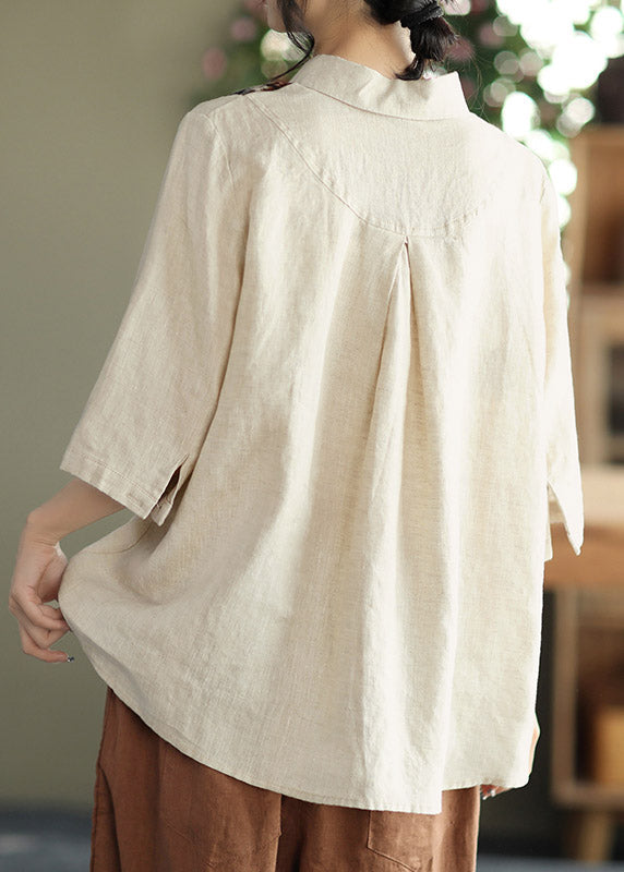 Apricot Peter Pan Collar Button Asymmetrical Design Print Linen Shirts Half Sleeve