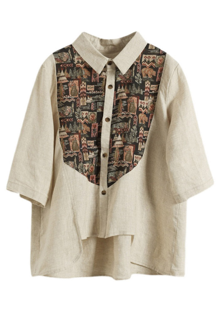 Apricot Peter Pan Collar Button Asymmetrical Design Print Linen Shirts Half Sleeve