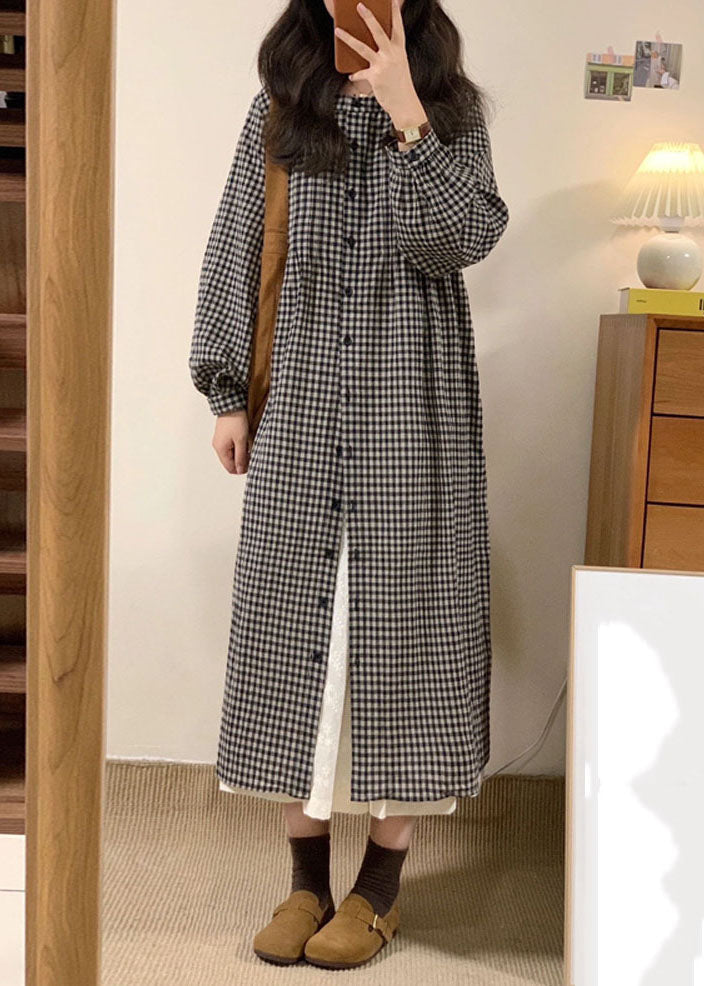 Apricot Plaid O-neck Button Long Shirts Dresses Spring