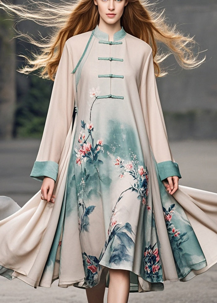 Apricot Print Chinese Button Chiffon Dress Spring