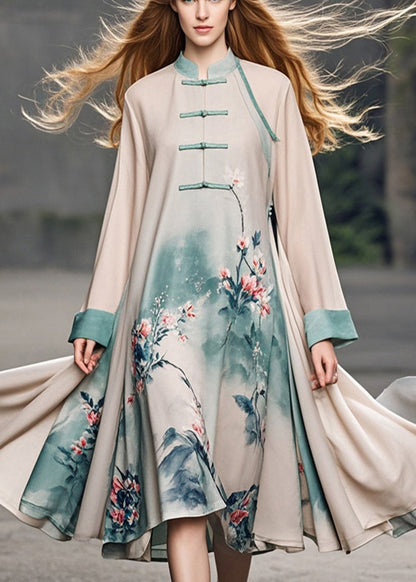 Apricot Print Chinese Button Chiffon Dress Spring