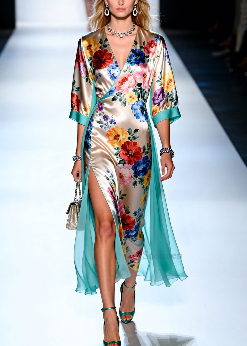 Apricot Print Tulle Patchwork Side Open Silk Dress Summer