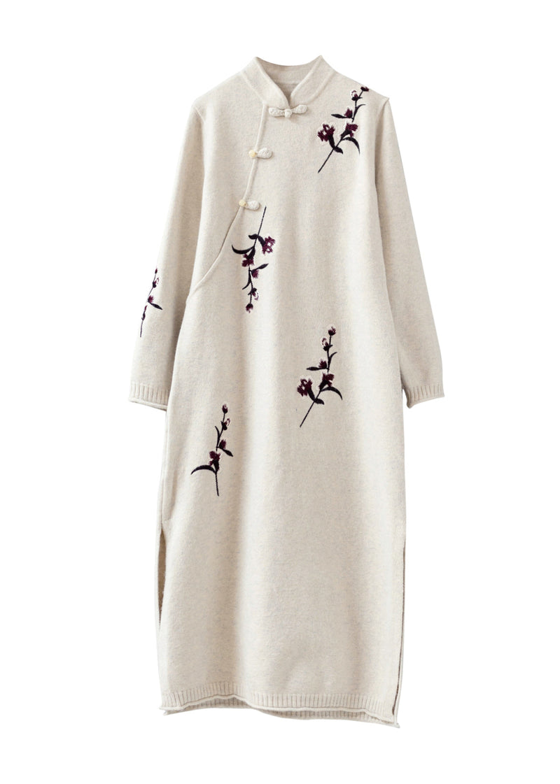 Apricot Stand Collar Embroidered Patchwork Woolen Knit Dress Fall