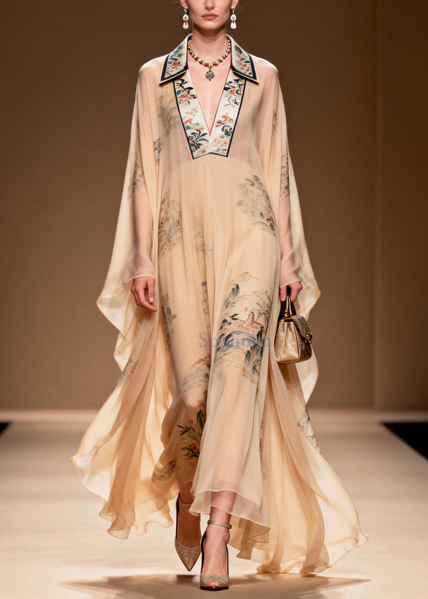 Apricot V Neck Print Chiffon Maxi Dress Summer