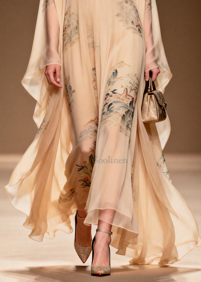 Apricot V Neck Print Chiffon Maxi Dress Summer