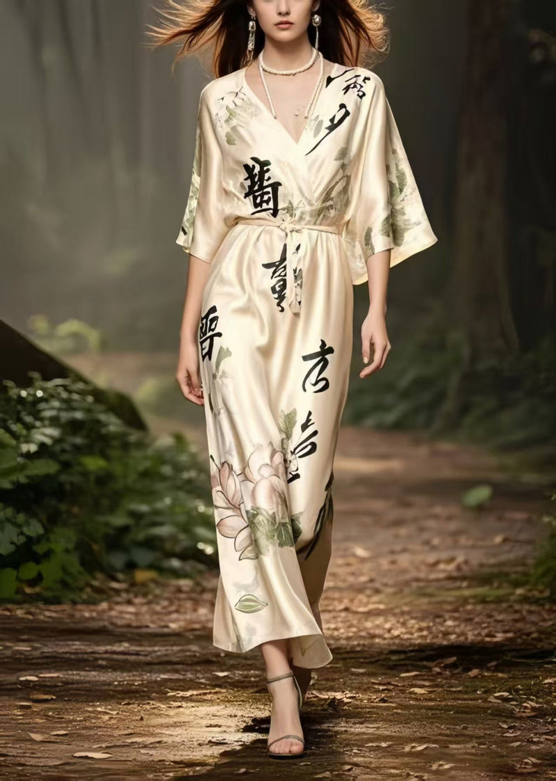 Apricot V Neck Print Draping Silk Long Dress Summer