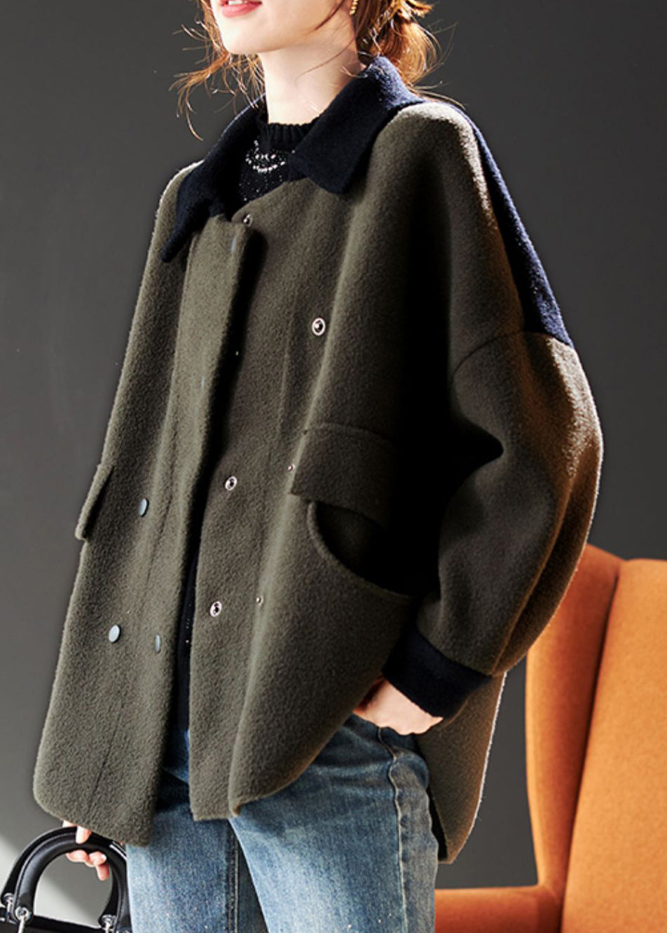 Army Green Double Breast Pockets Patchwork Woolen Coat Winter
