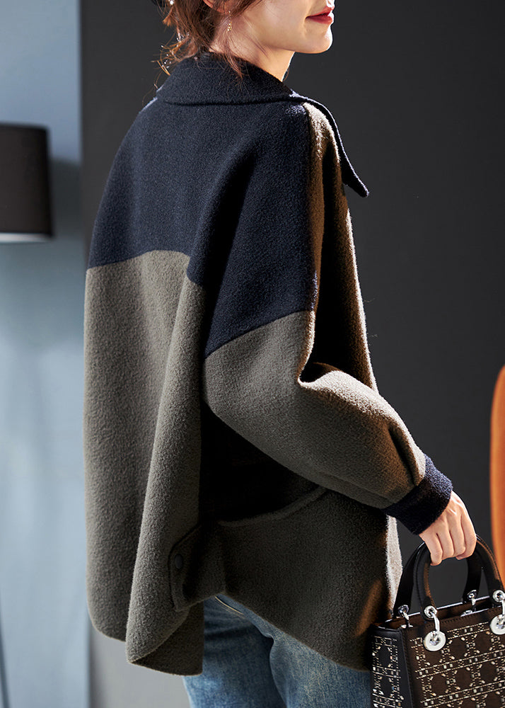 Army Green Double Breast Pockets Patchwork Woolen Coat Winter