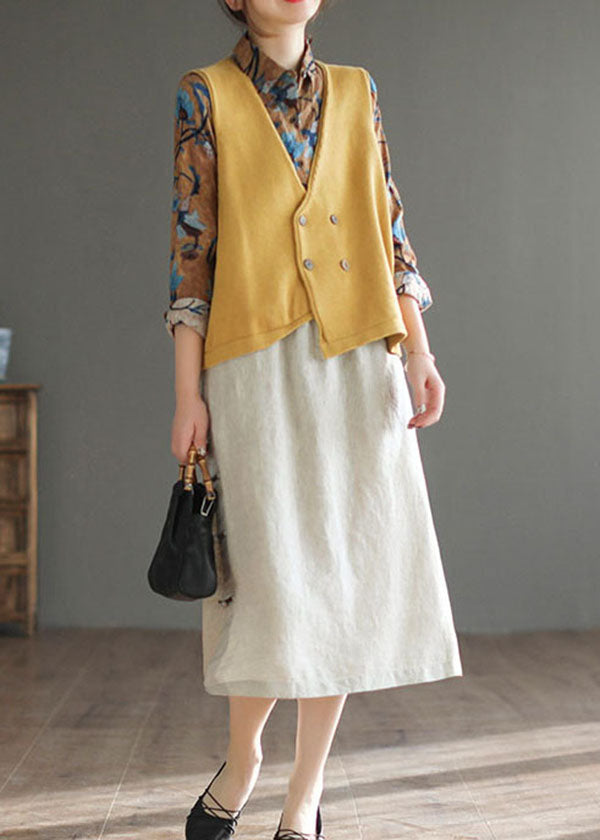 Beige Chinese Button Patchwork Linen Skirts Spring
