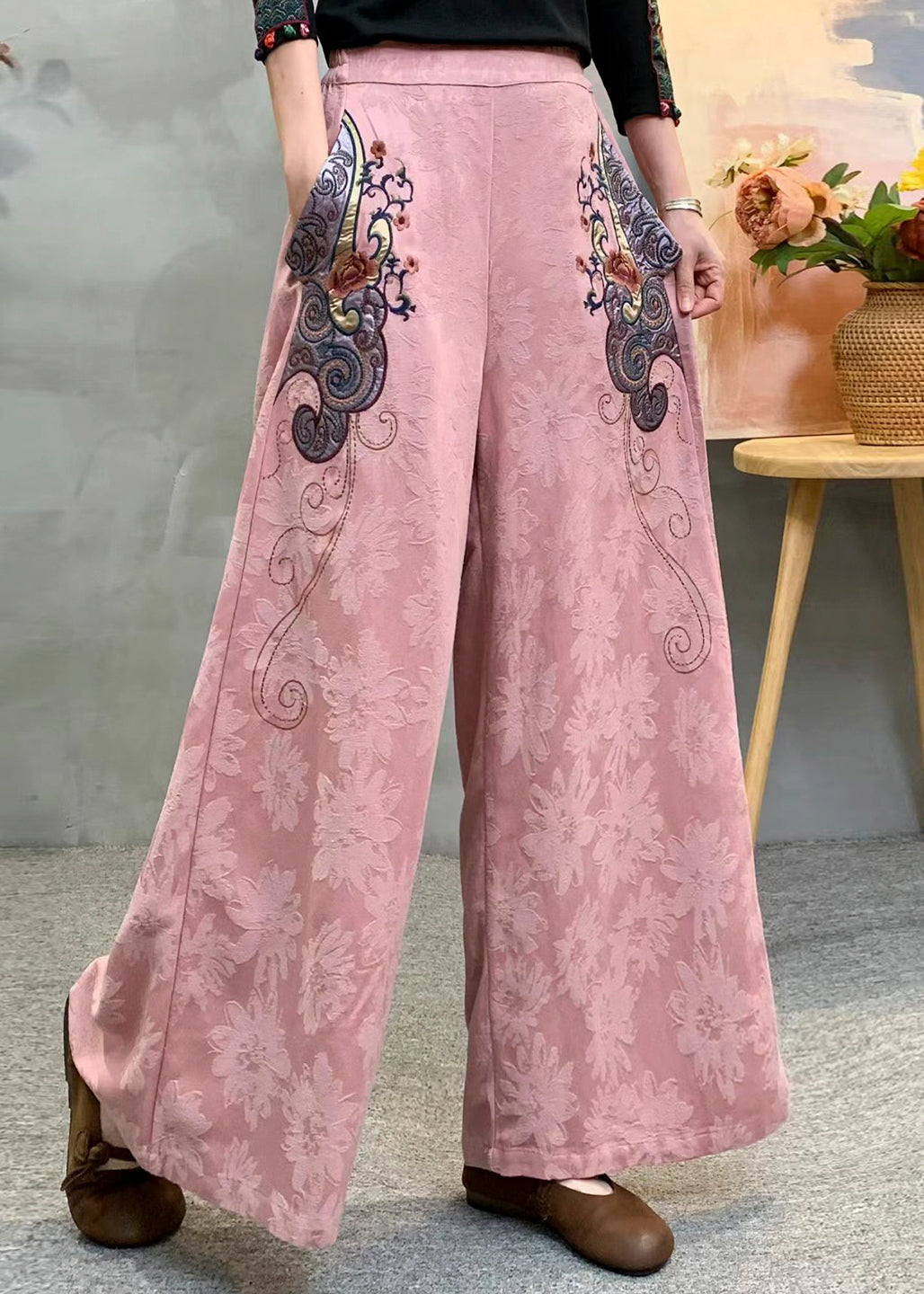 Beige Embroidered Jacquard Draping Cotton Pants Spring