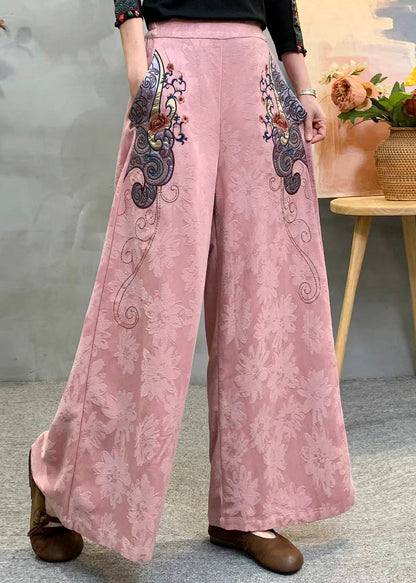 Beige Embroidered Jacquard Draping Cotton Pants Spring