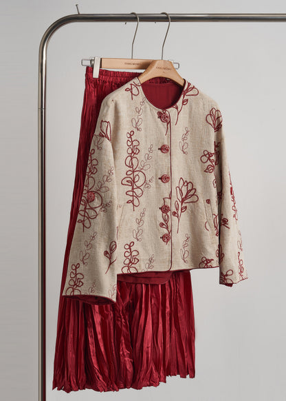 Beige Embroidered Pockets Linen Coats Spring