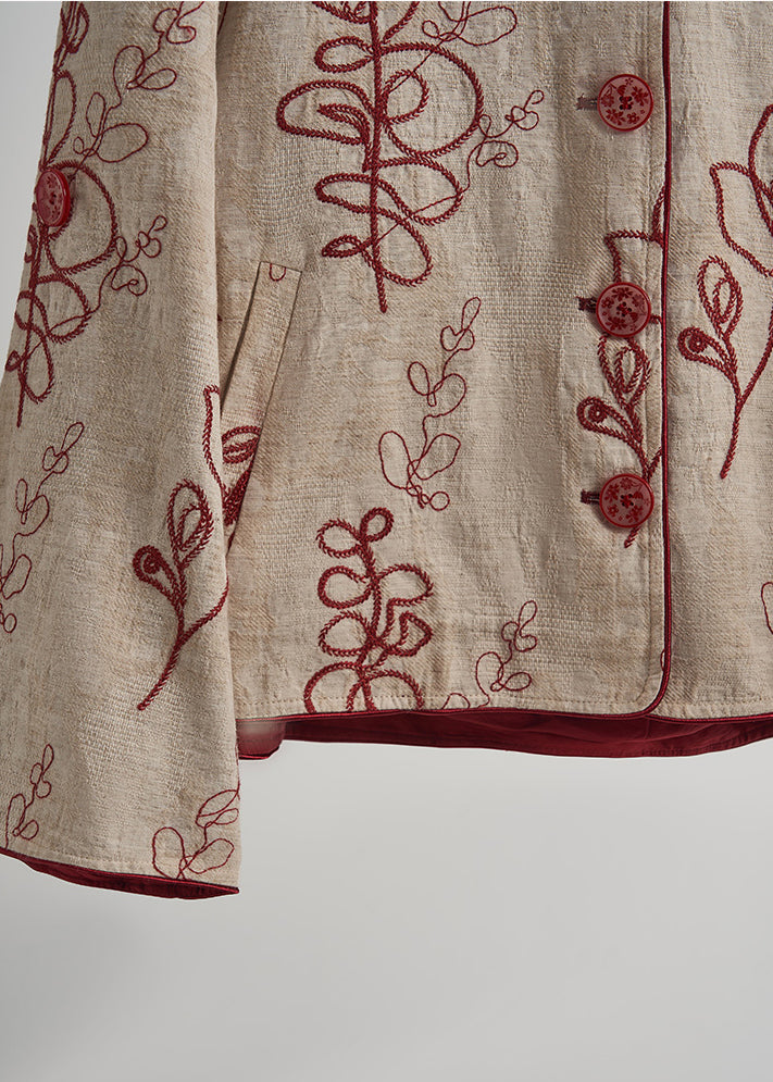 Beige Embroidered Pockets Linen Coats Spring