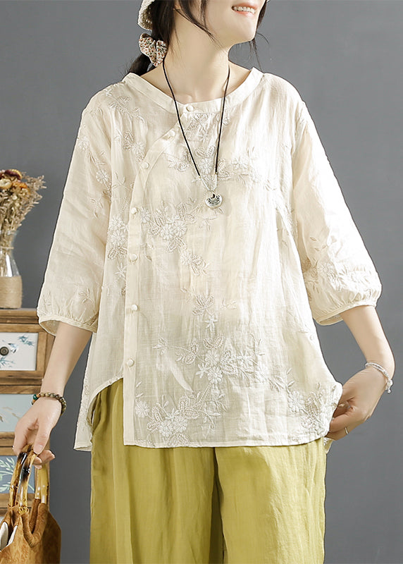 Beige Embroidered Button Linen Shirt Top Fall