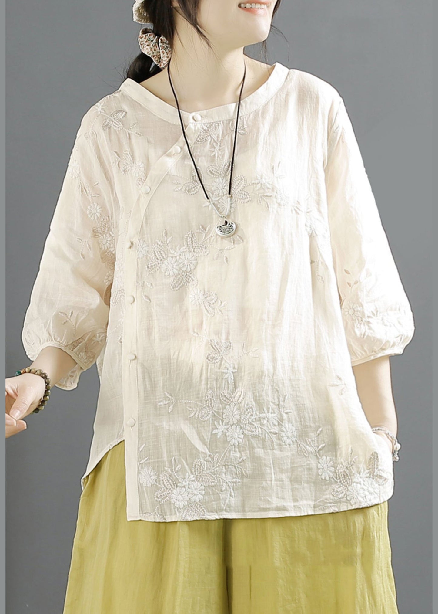 Beige Embroidered Button Linen Shirt Top Fall