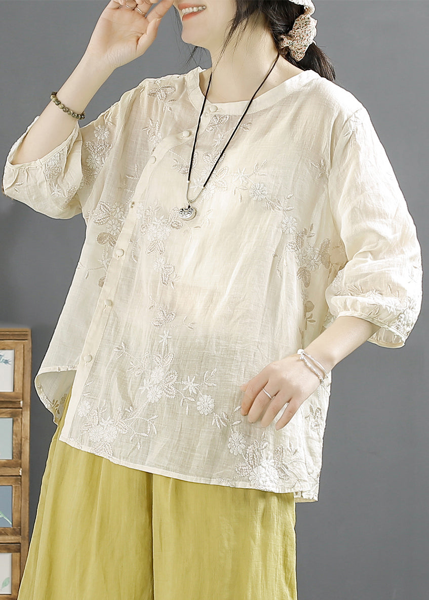 Beige Embroidered Button Linen Shirt Top Fall