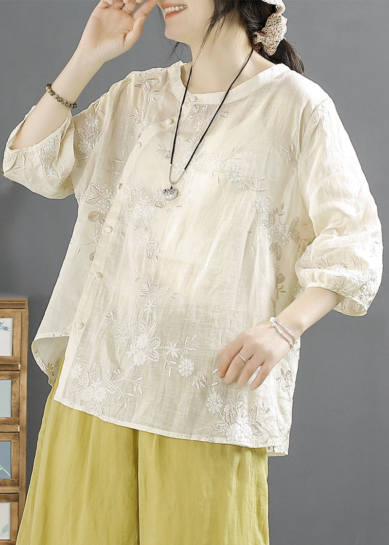 Beige Embroidered Button Linen Shirt Top Fall