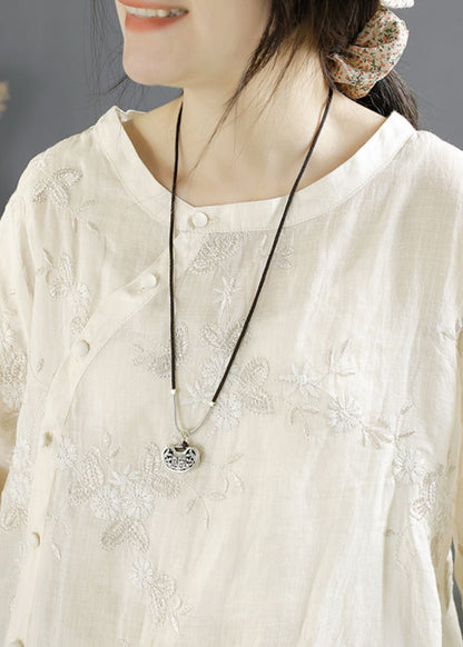 Beige Embroidered Button Linen Shirt Top Fall