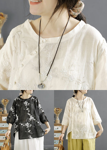 Beige Embroidered Button Linen Shirt Top Fall