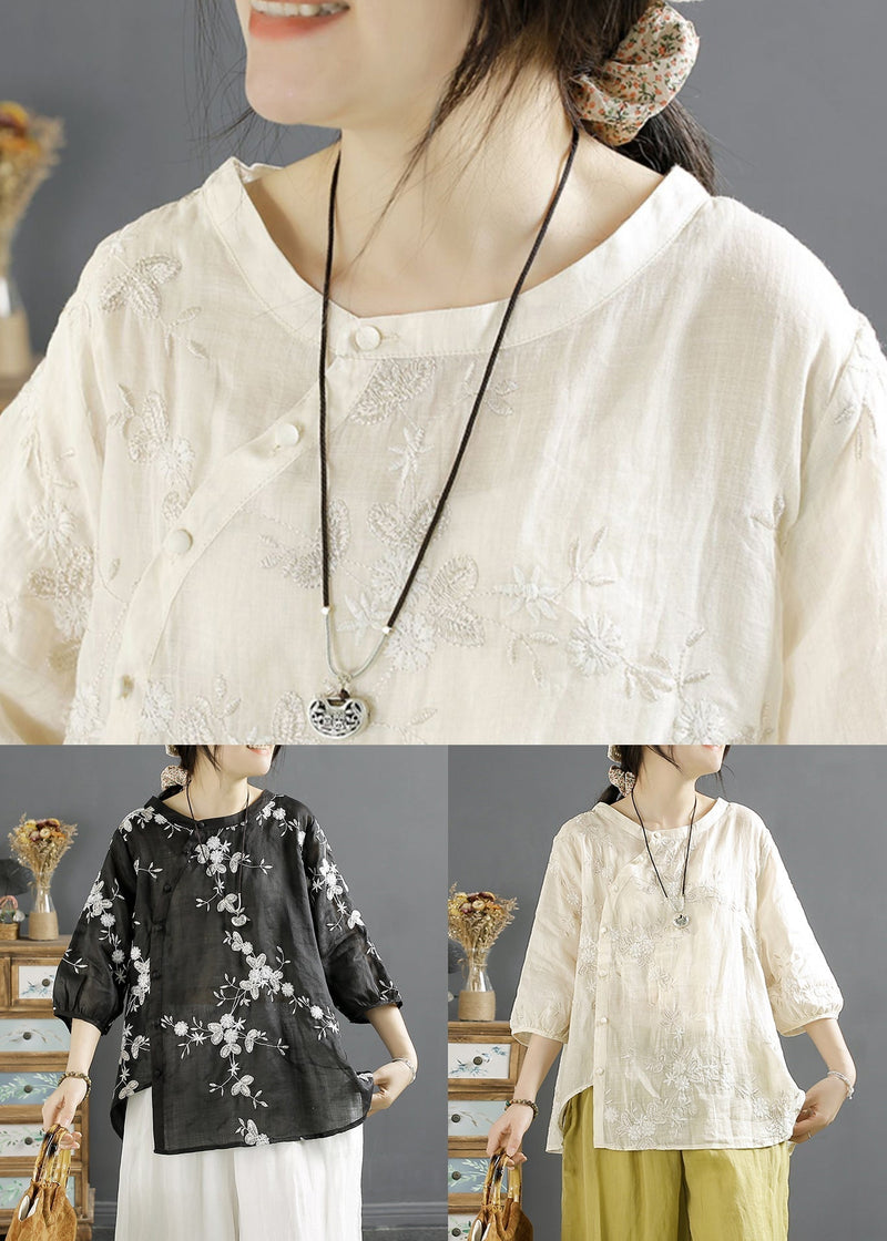 Beige Embroidered Button Linen Shirt Top Fall