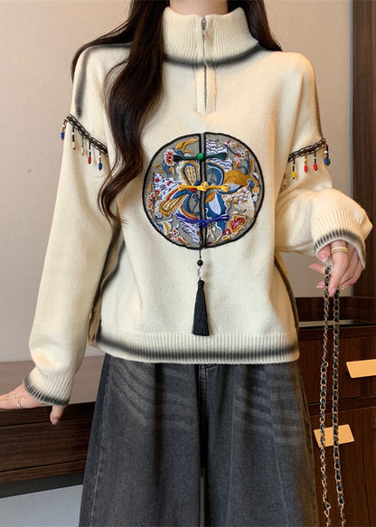 Beige Hign Neck Embroidered Knit Sweaters Spring